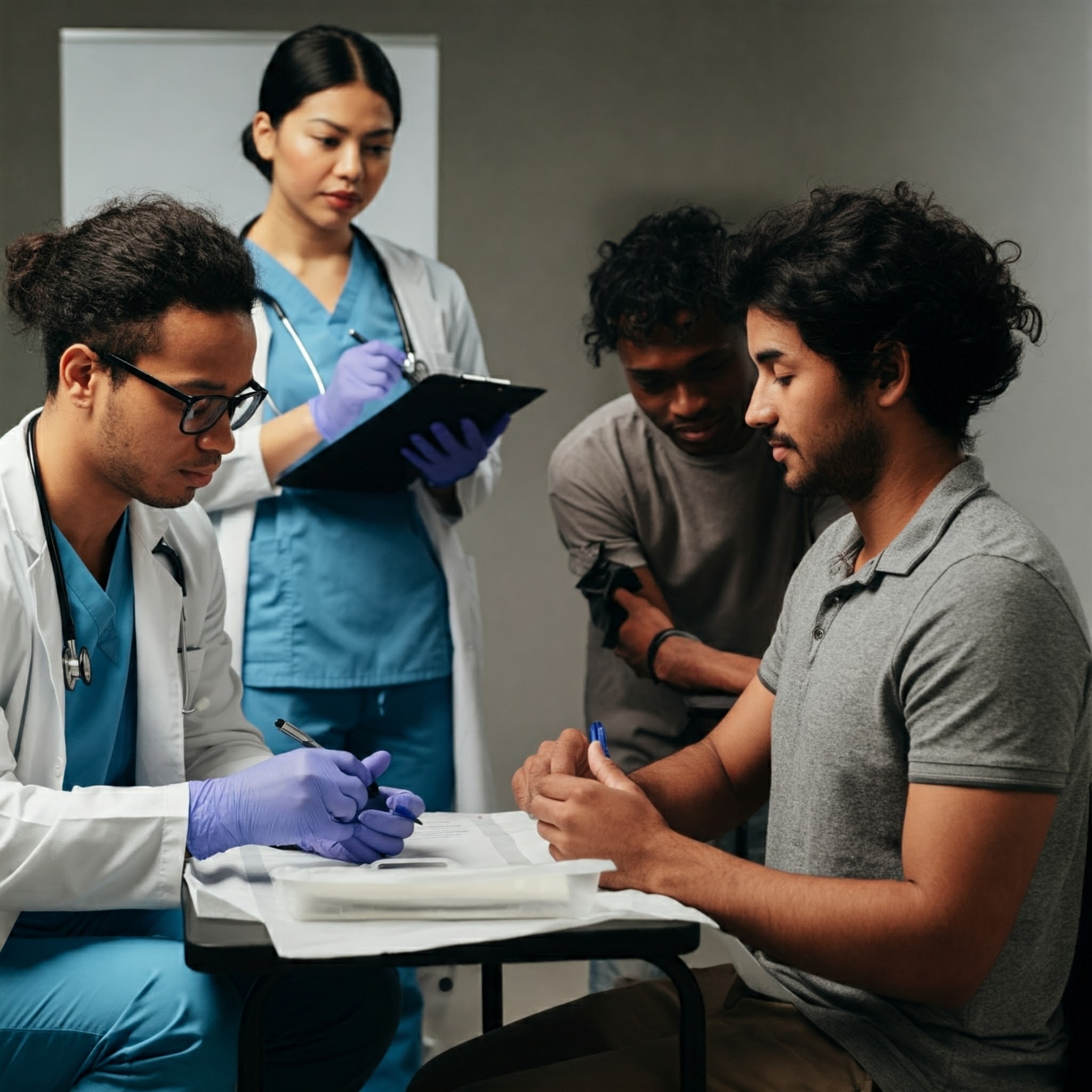 Healthcare professionals conducting screenings in a diverse community